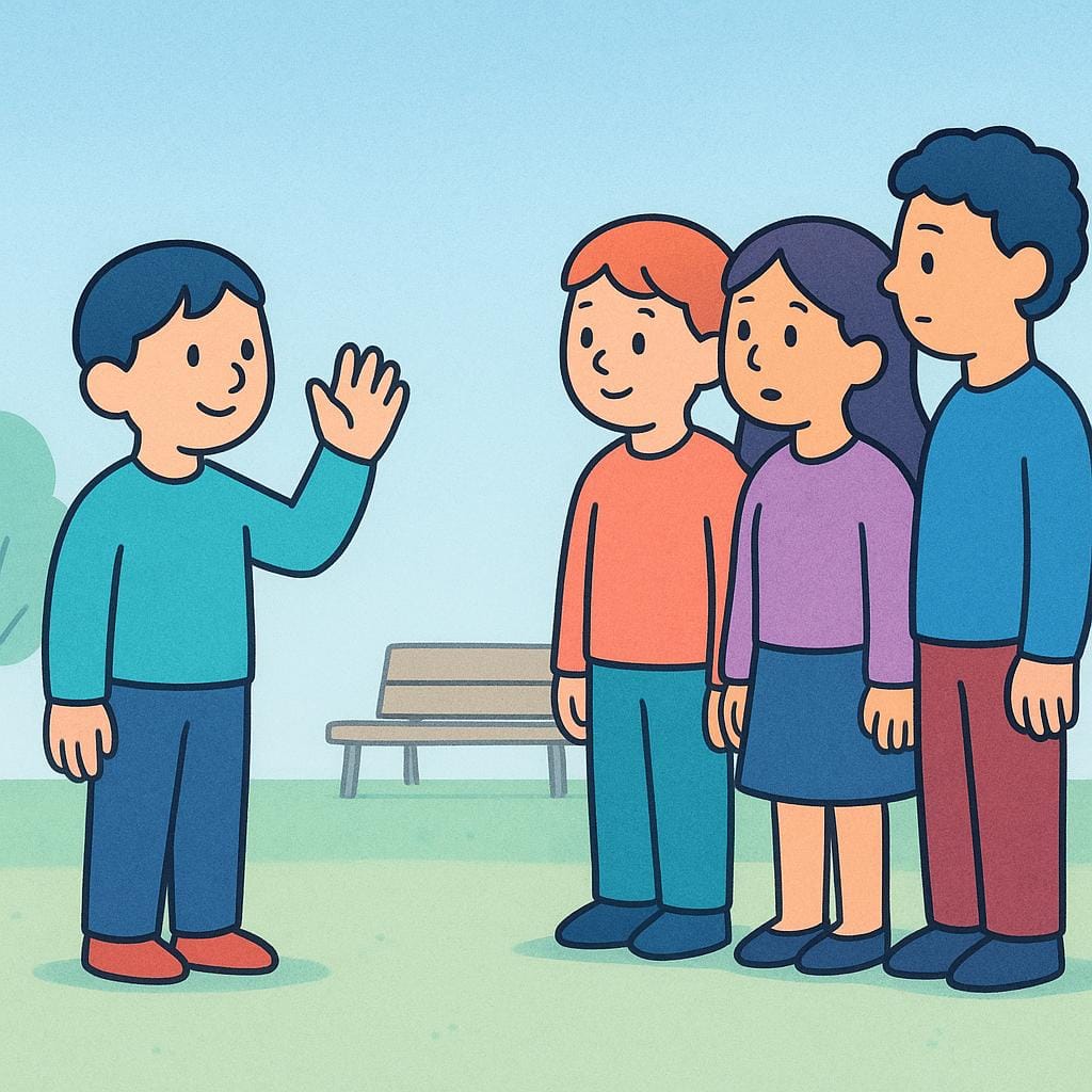 A simplified person raising one hand to signal, gaining the attention of a small group of three people who are turning their heads towards them.