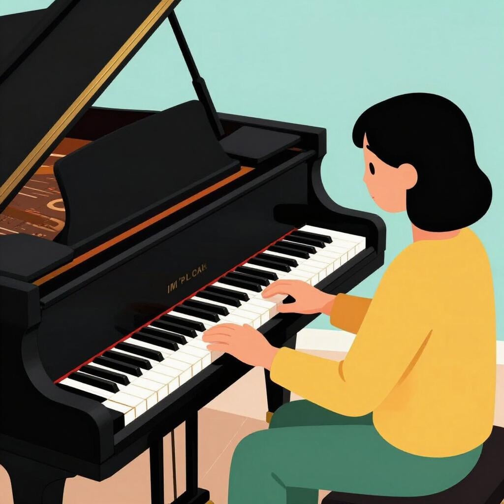 Eine Person sitzt auf einer Bank und spielt ein großes schwarzes Klavier.