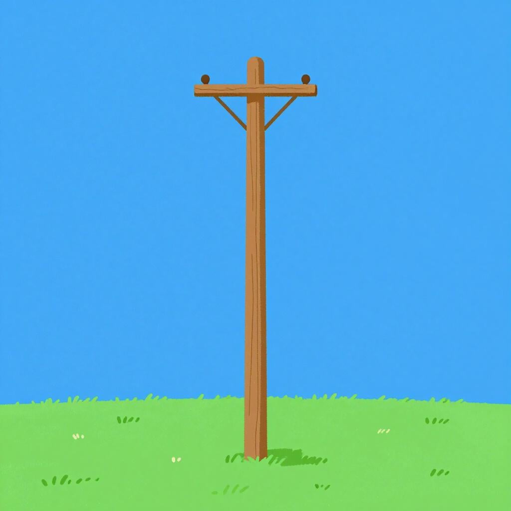 Ein hoher hölzerner Strommast vor einem klaren blauen Himmel.