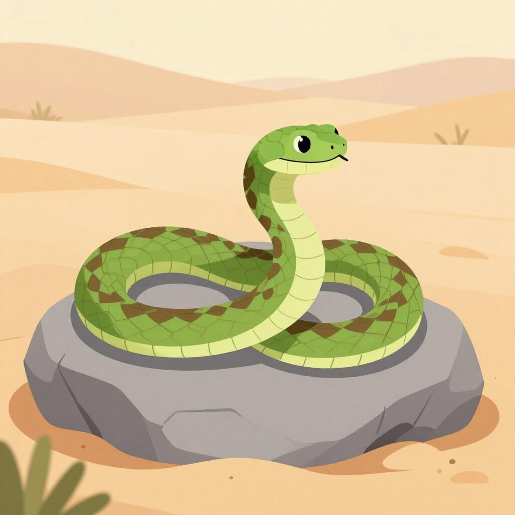 Een giftige adder die opgerold ligt op een platte rots in een woestijnlandschap.