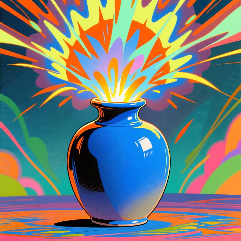 A solid, smooth, blue ceramic vase suddenly and sharply erupting with a contained, bright orange and yellow visual burst of light and energy from its top.