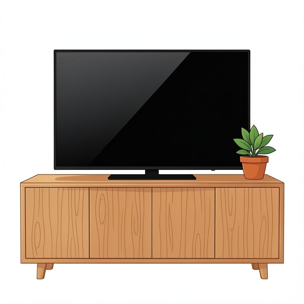 A modern flat-screen television set sitting on a wooden stand in a cozy room.