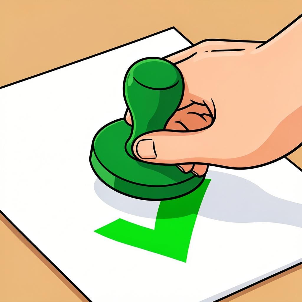 Eine Hand setzt einen grünen Häkchenstempel auf ein Blatt Papier.