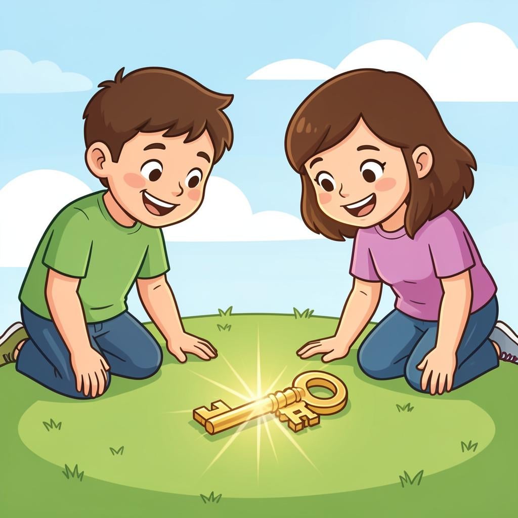 Two people together discovering a shiny gold key on the ground.