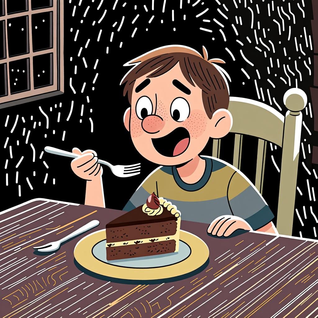 A person with a happy expression looking at a delicious slice of chocolate cake on a table, illustrating the concept of wanting something.