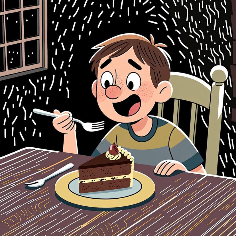 A person with a happy expression looking at a delicious slice of chocolate cake on a table, illustrating the concept of wanting something.