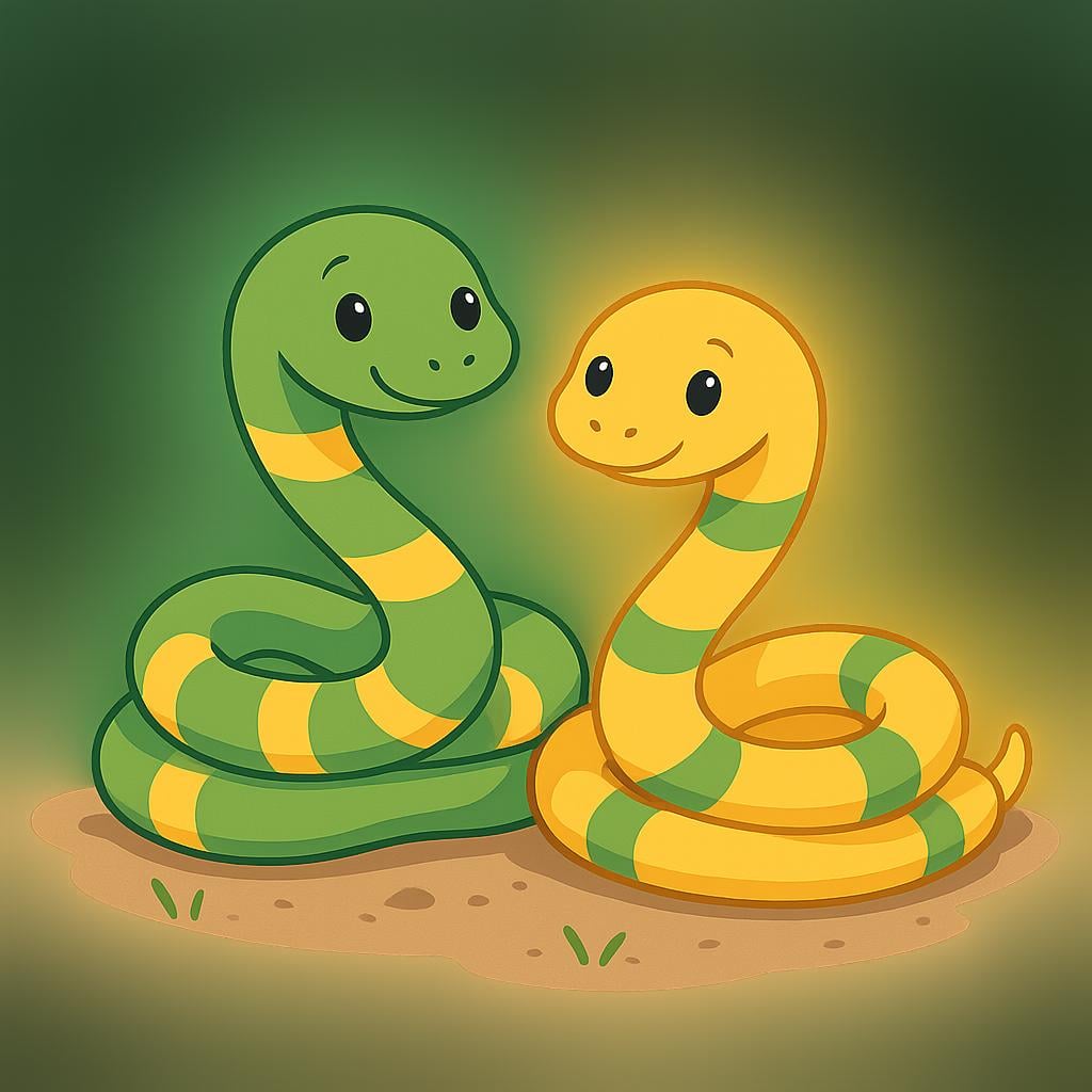 A simple illustration showing two brightly colored snakes resting on the ground.