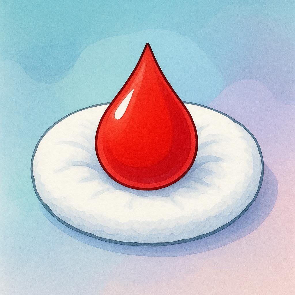 A single, large, stylized bright red teardrop shape resting on a soft, fluffy white cotton pad, symbolizing menstruation.