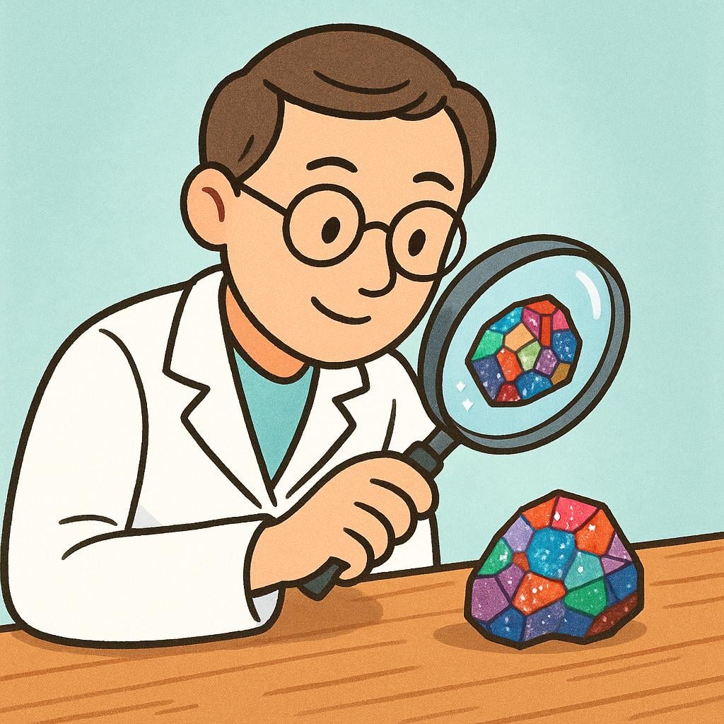 A scientist wearing a white lab coat using a large magnifying glass to closely inspect a small, colorful rock specimen on a simple table.