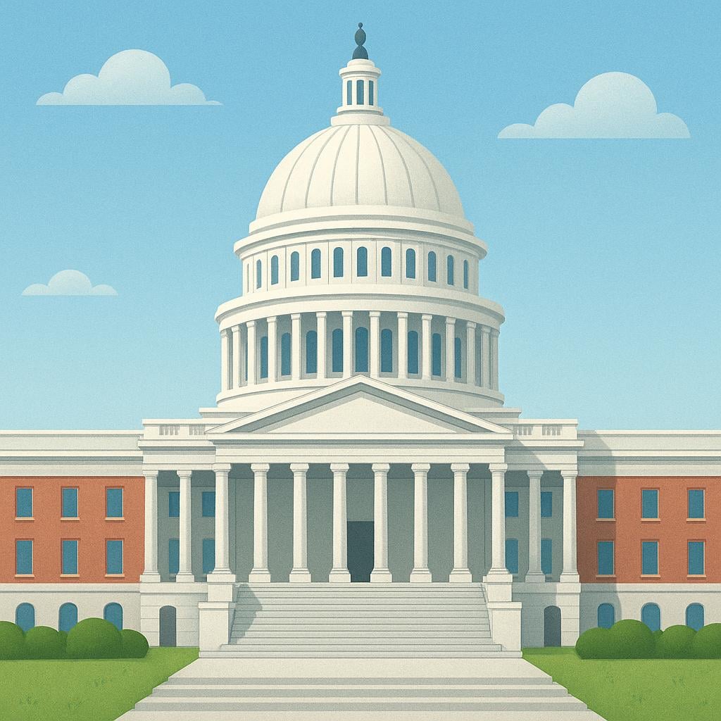A simple storybook illustration of a grand, classical government building with a prominent dome and columns, symbolizing the seat of power in a republic.