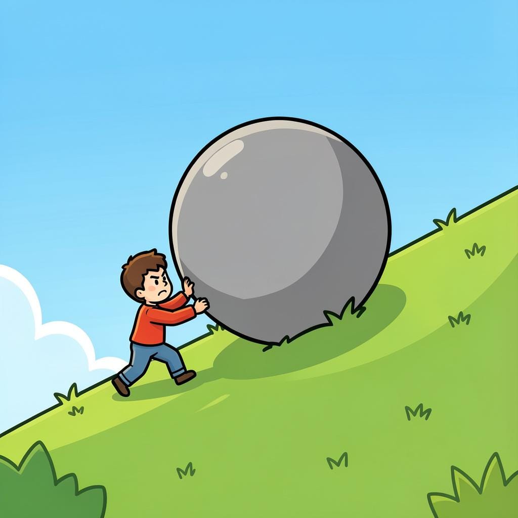 A small person pushing a massive, heavy boulder up a steep green hill.