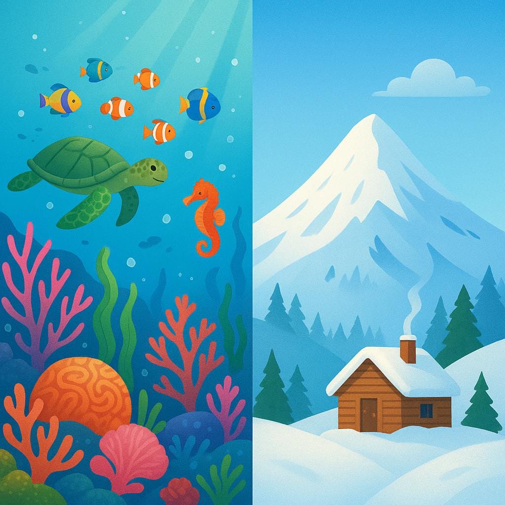 Eine einfache Illustration, die eine geteilte Szene zeigt: eine Seite ist ein lebendiges Unterwasser-Korallenriff, und die andere Seite ist ein schneebedeckter Berggipfel, der verschiedene Lebensbereiche darstellt.