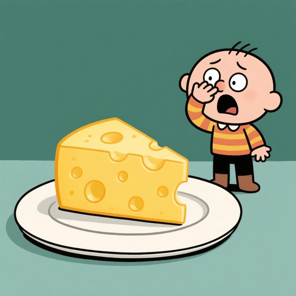 A simple illustration of a piece of very pungent cheese causing a person nearby to scrunch up their face in reaction to the strong smell or taste.