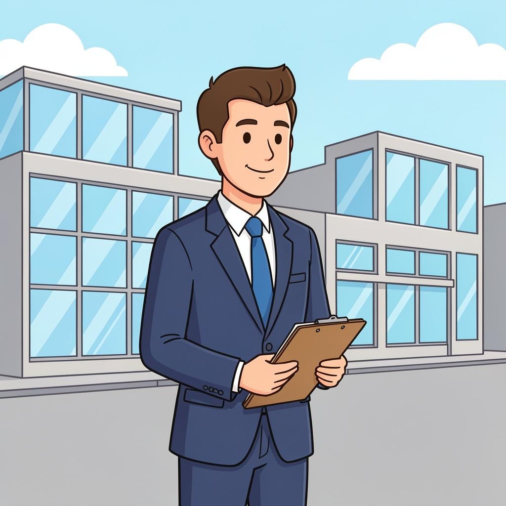 A person in a suit standing proudly in front of a modern factory building.
