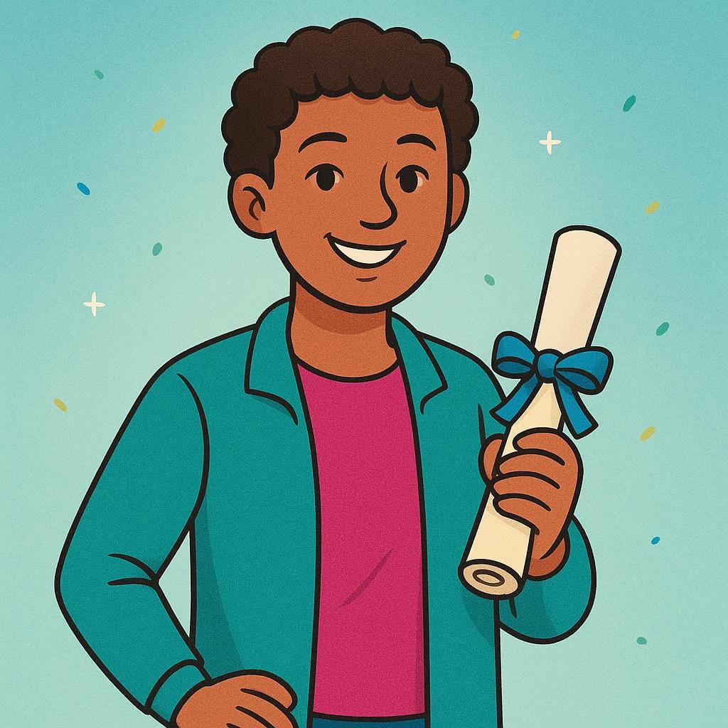 A colorful illustration of a person smiling confidently while holding a rolled-up scroll, indicating they are informed or knowledgeable.