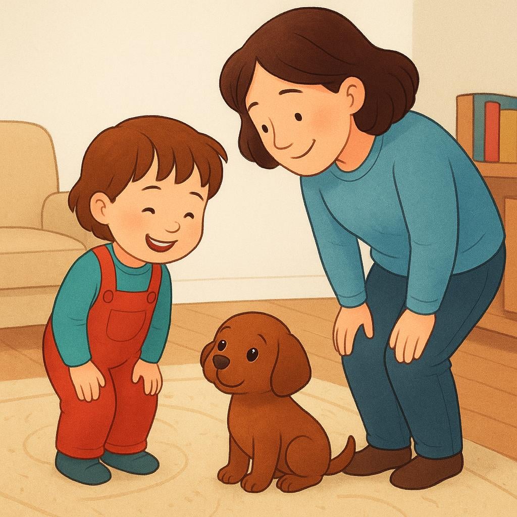 A smiling young child and an adult standing together, looking down happily at a small, fluffy brown puppy sitting on the floor.