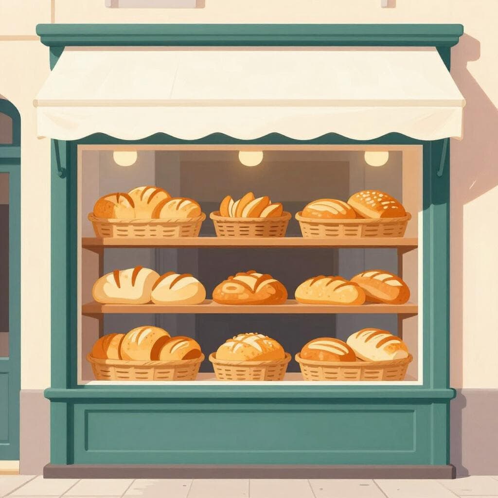 A cozy storefront with a large window displaying fresh loaves of bread on wooden shelves.