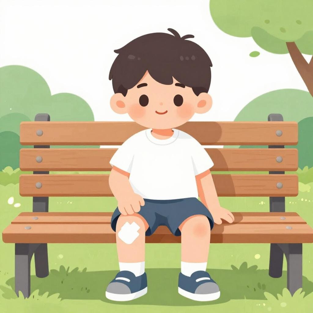Uma criança com um pequeno curativo no joelho sentada num banco.