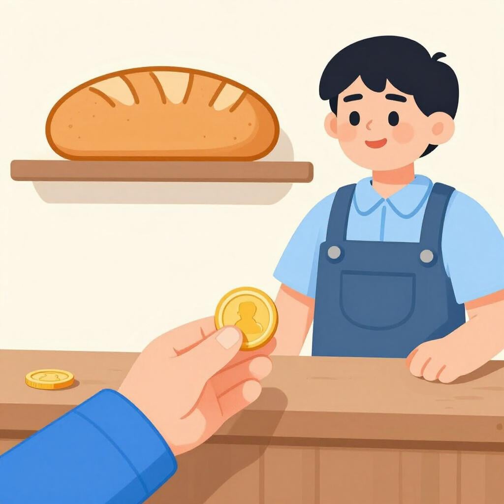 A person hands a gold coin to a baker across a wooden counter, paying for a loaf of bread that is resting on a shelf behind the baker.