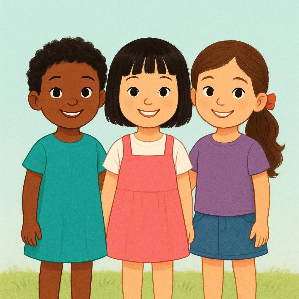3人の笑顔の若い女の子が寄り添って、まっすぐこちらを見ている高品質な絵本のイラスト。