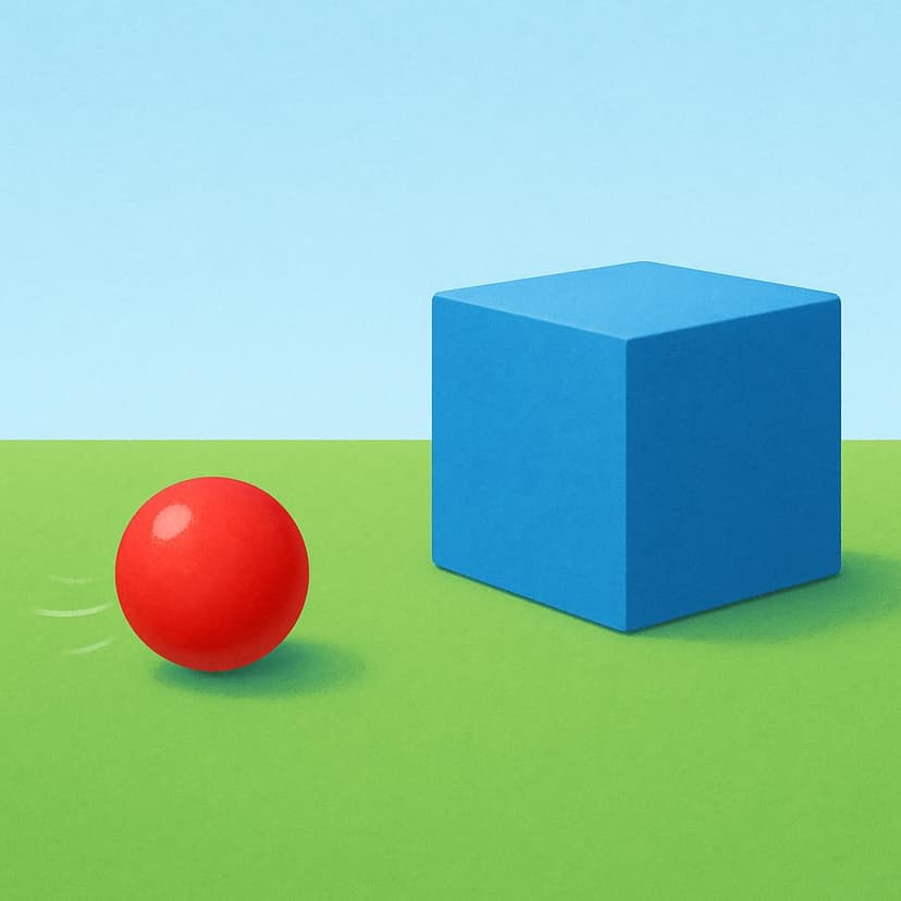 A small red ball is rolling on a flat green field directly toward a large, stationary blue cube.