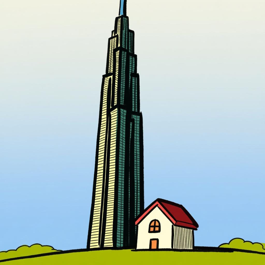 A towering, extremely tall skyscraper reaching high into the clouds, standing next to a small, short house.