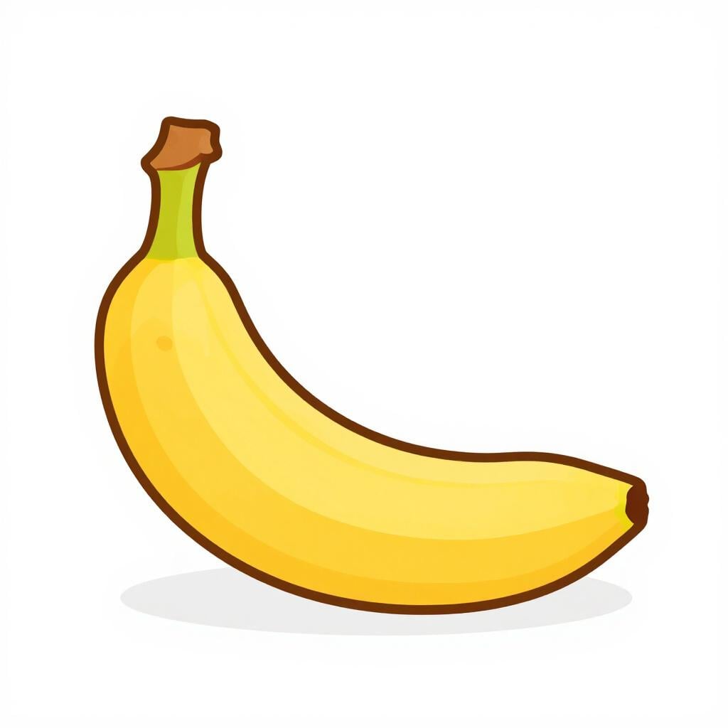 Uma banana amarela brilhante com um pequeno caule marrom, sobre um fundo branco limpo.