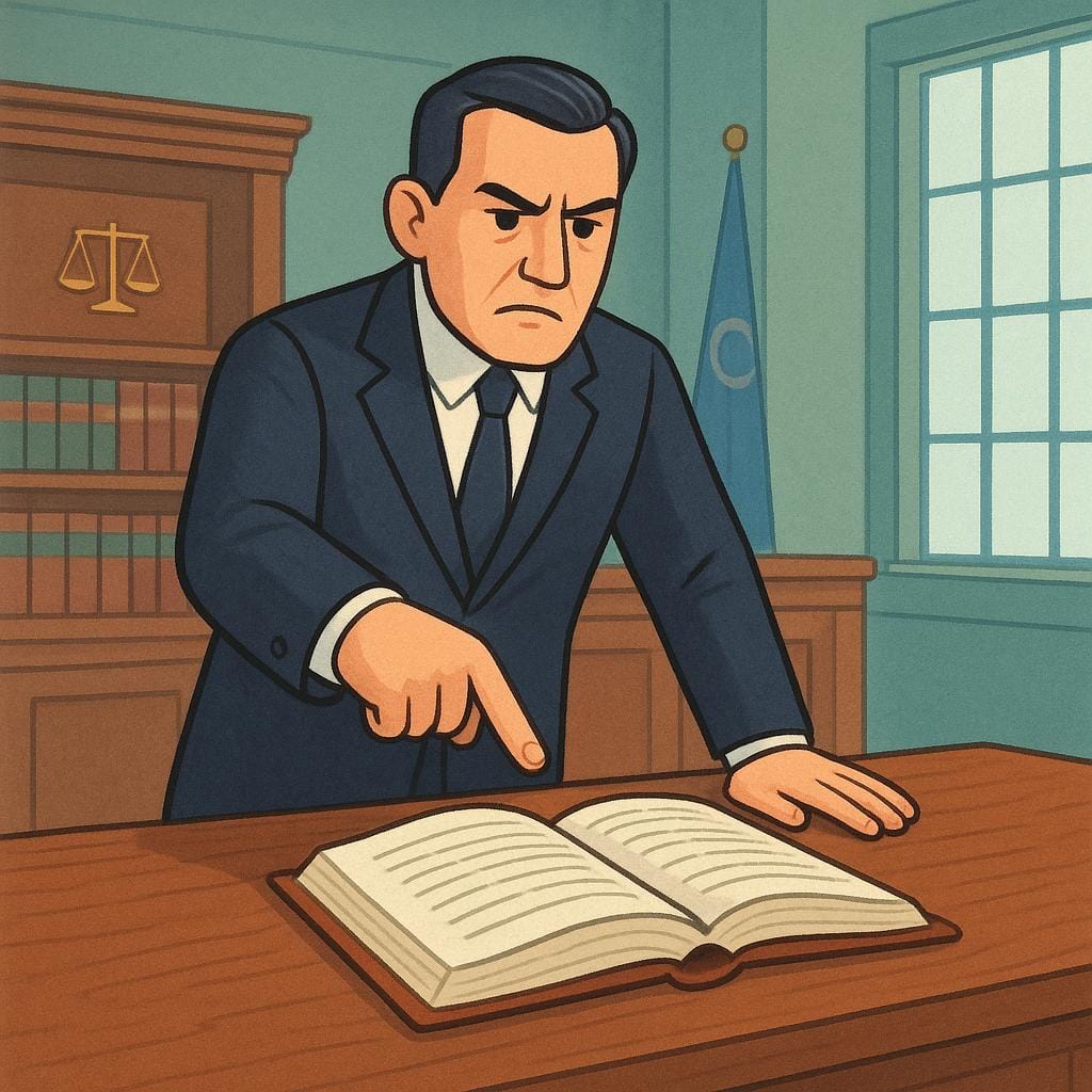 A stern legal official in a dark suit standing behind a wooden desk in a courtroom, pointing decisively at an open law book.