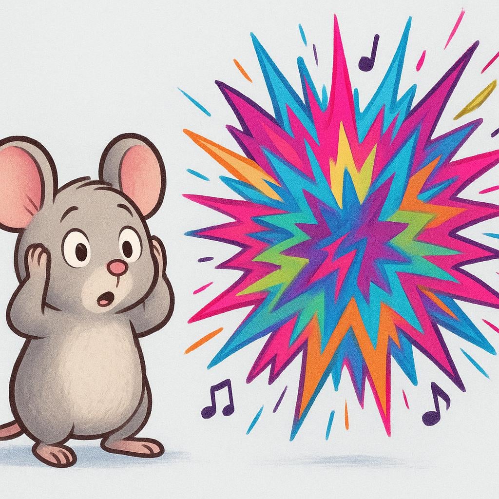 A startled cartoon mouse covering its ears because of a visible, chaotic sound wave next to it.