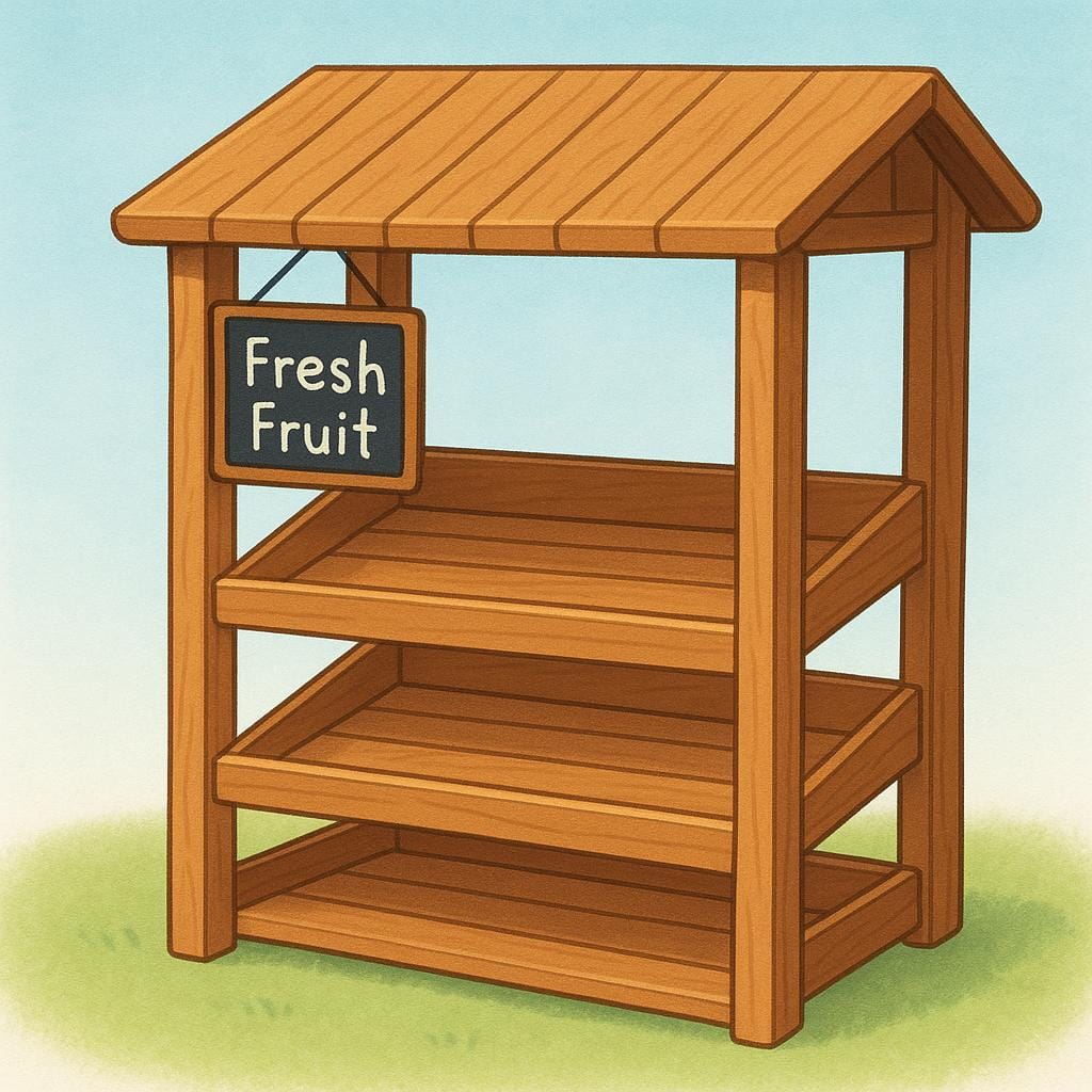 A plain wooden market stall with all shelves completely bare and empty, indicating everything has been purchased.