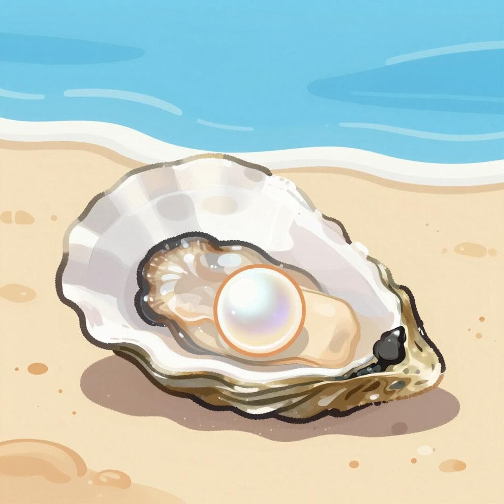 A single open oyster shell with a small pearl inside resting on a sandy beach.