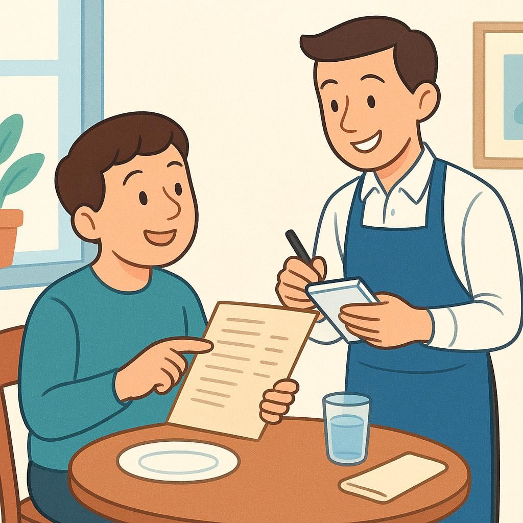 A person sitting at a cafe table pointing at a menu while a server stands ready with a notepad to take the order.