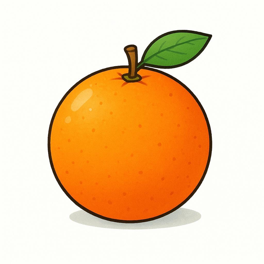 A colorful illustration of a whole, bright orange fruit with a small green leaf.