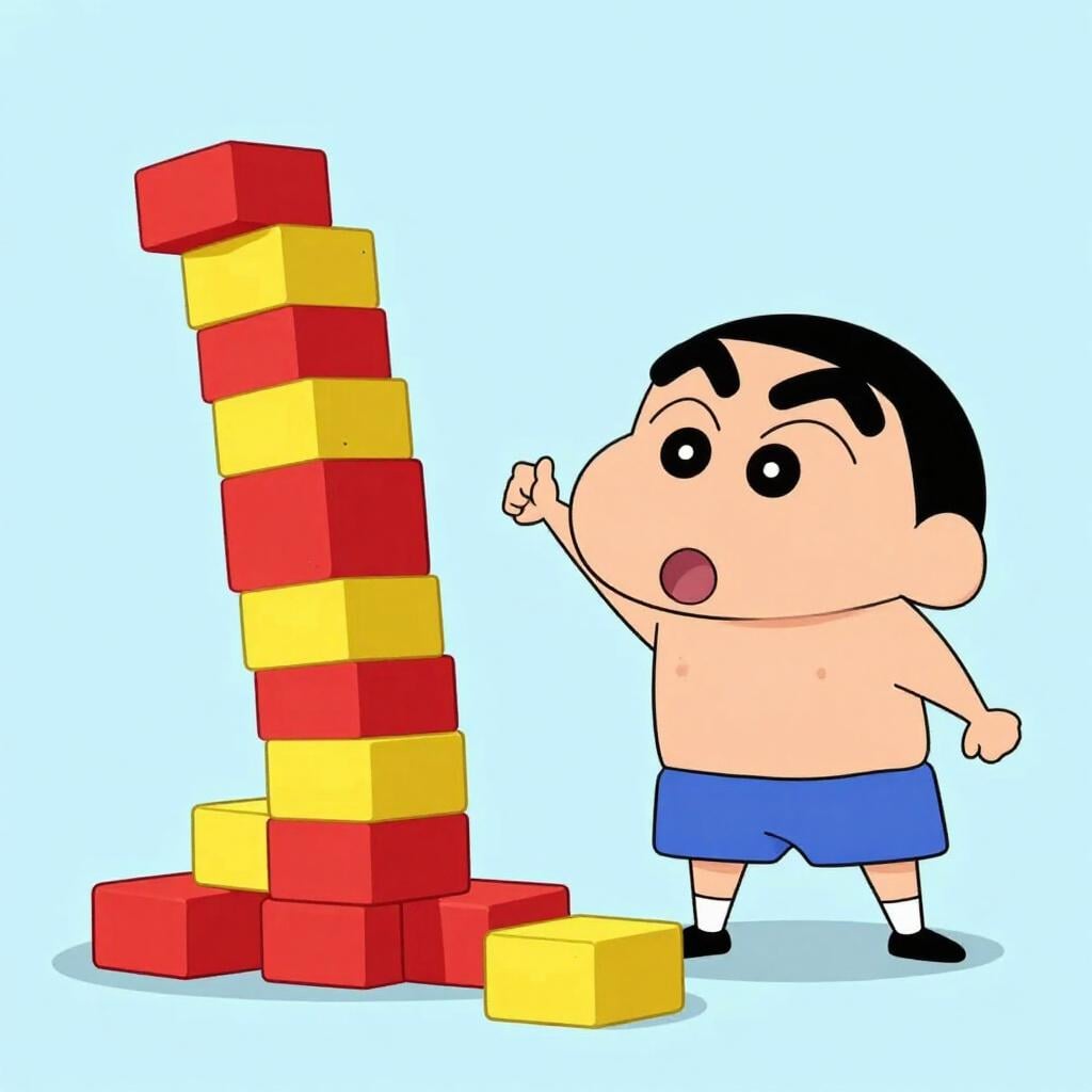 A cartoon character looking surprised as a small stack of bright red and yellow blocks they just touched tumbles messily onto the floor.