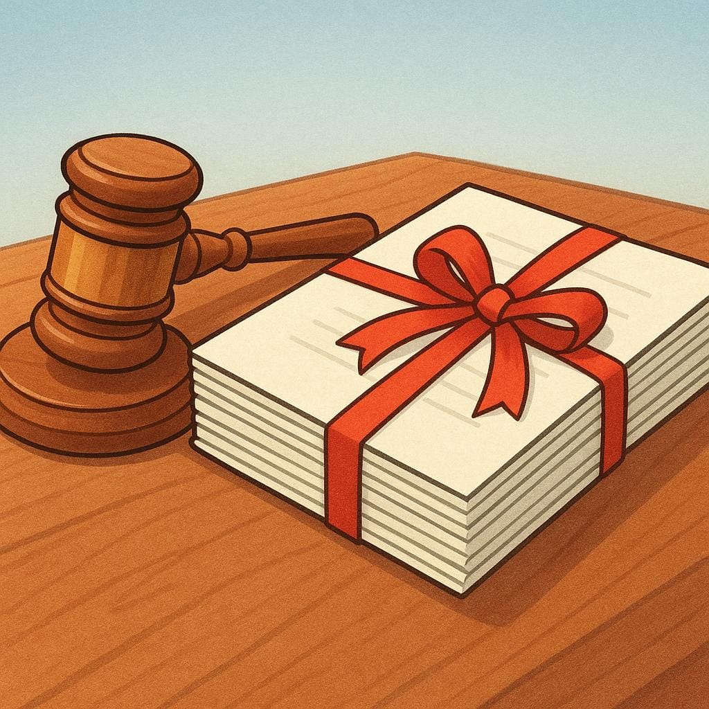 A storybook illustration showing a wooden gavel next to a small stack of papers tied with a red ribbon, symbolizing a legal proceeding.