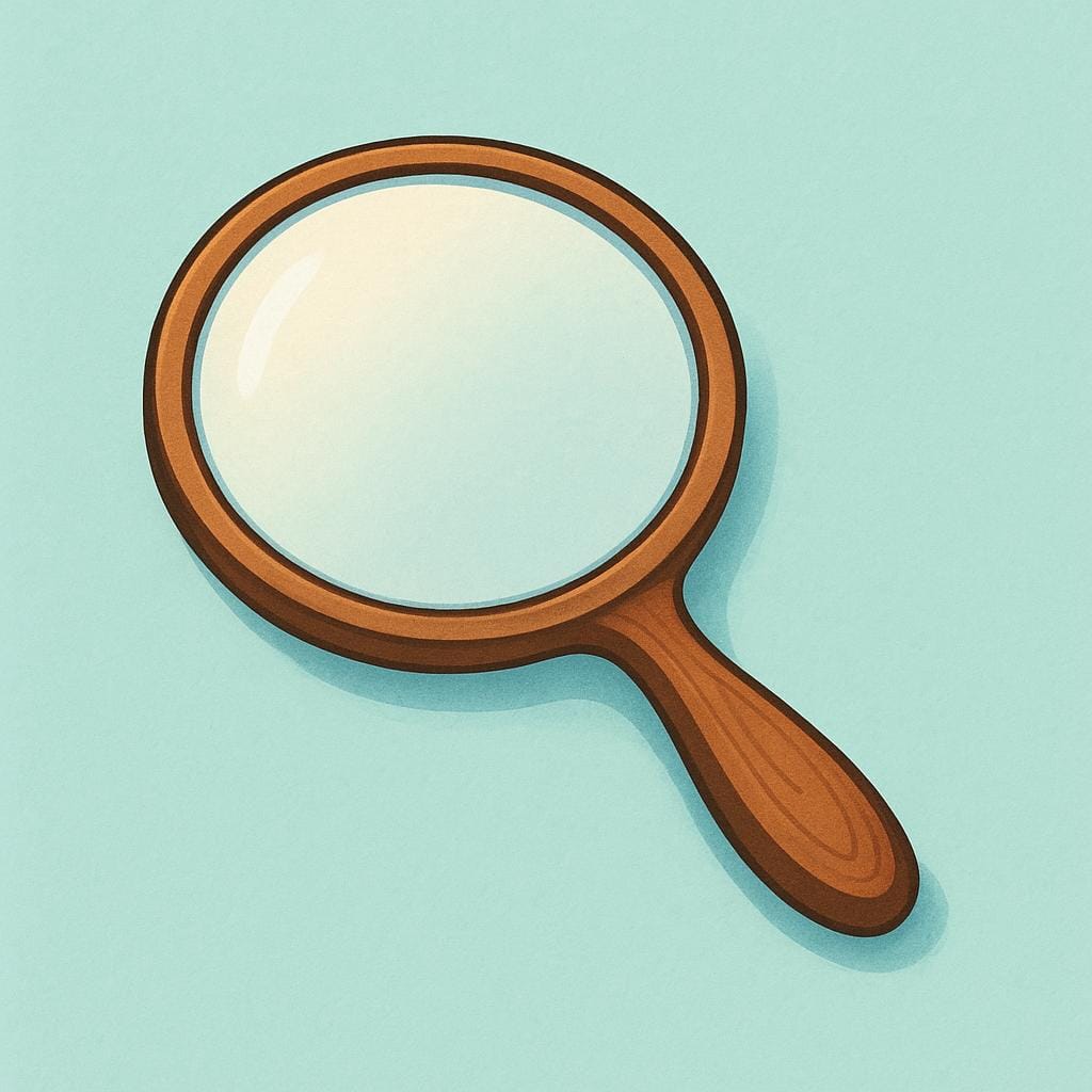 A simple, round hand mirror with a wooden handle, lying flat.