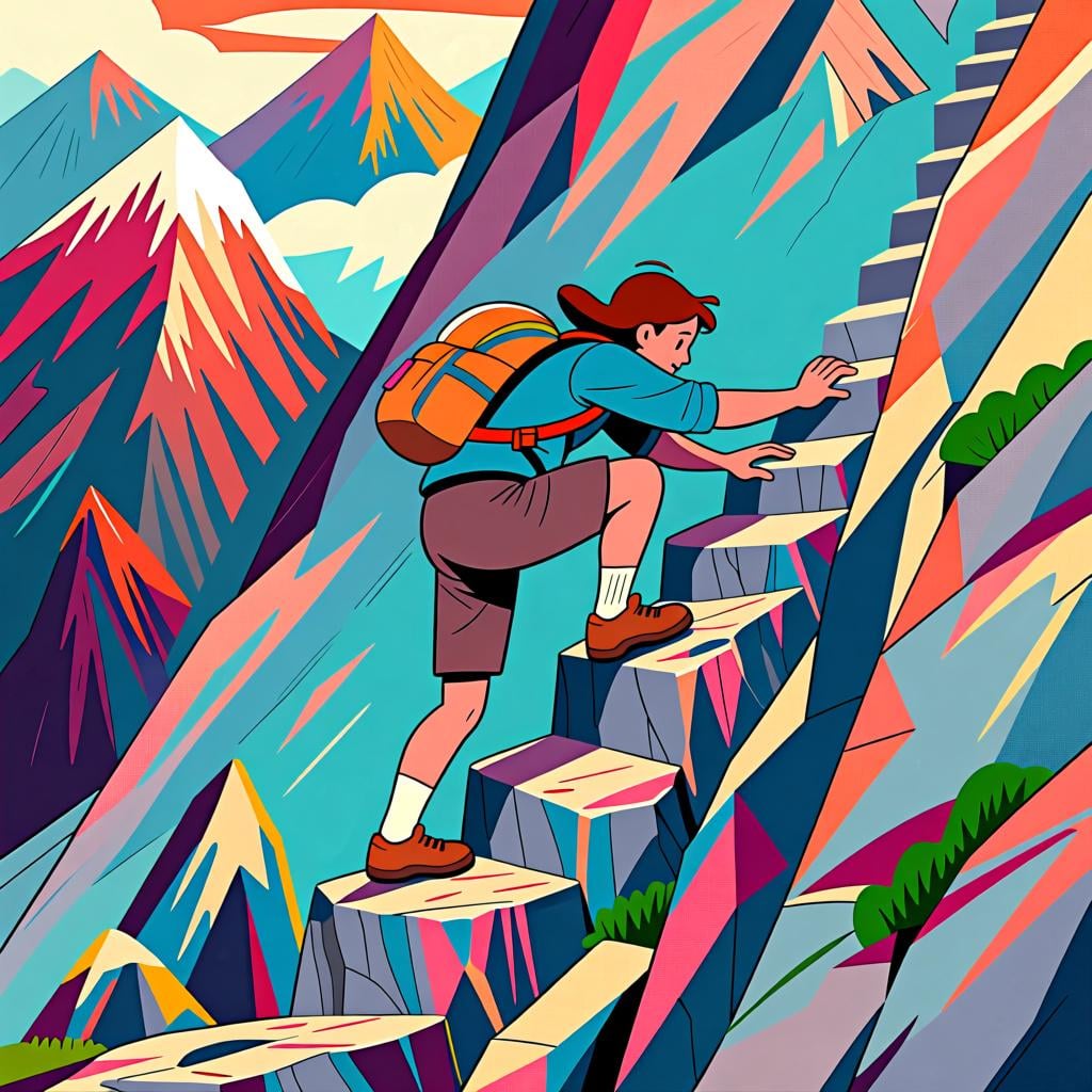 A weary hiker placing their foot onto the lowest, first rock step of a steep mountain path, symbolizing the achievement of a minimum effort.