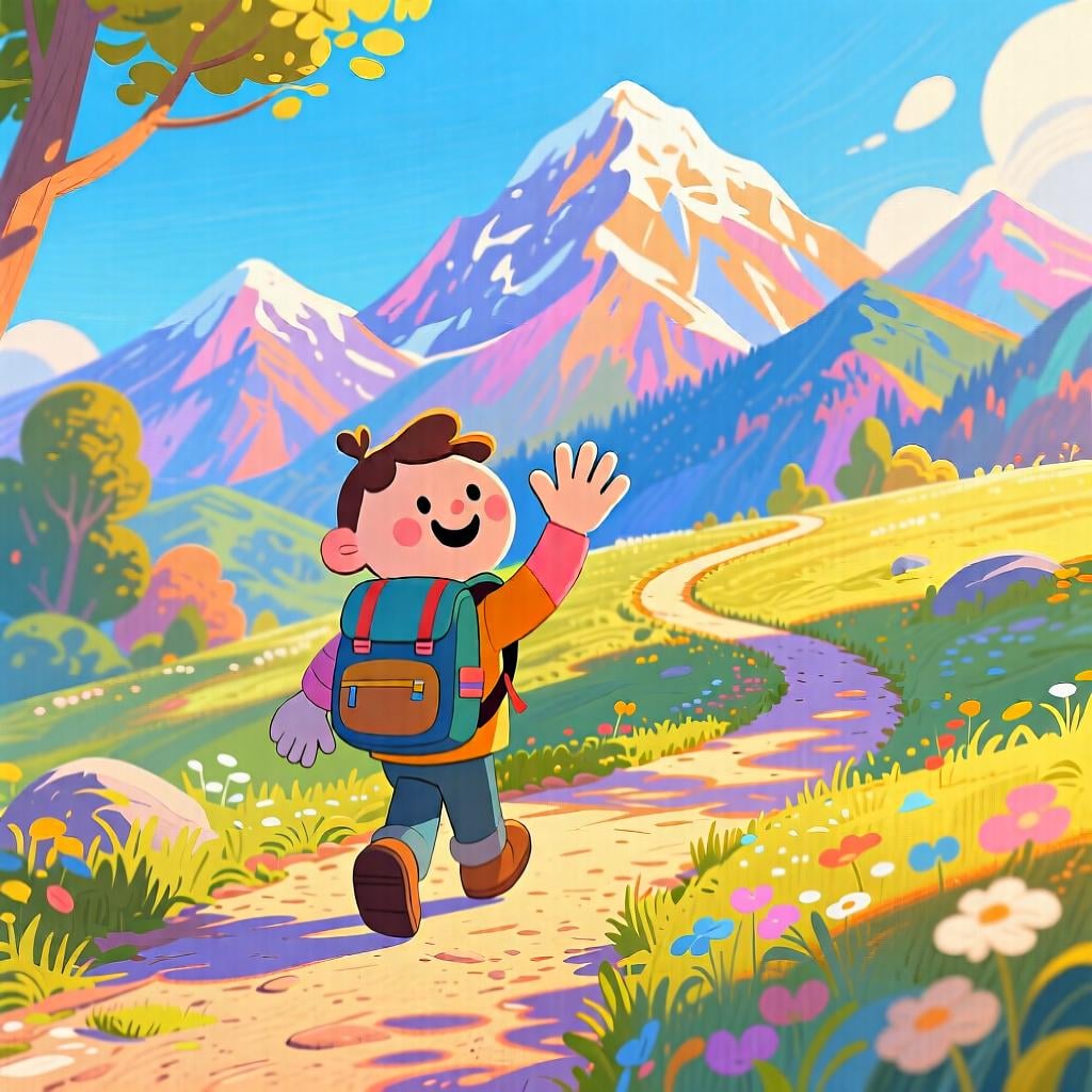 A traveler waving farewell while setting off on a journey down a bright, inviting path.