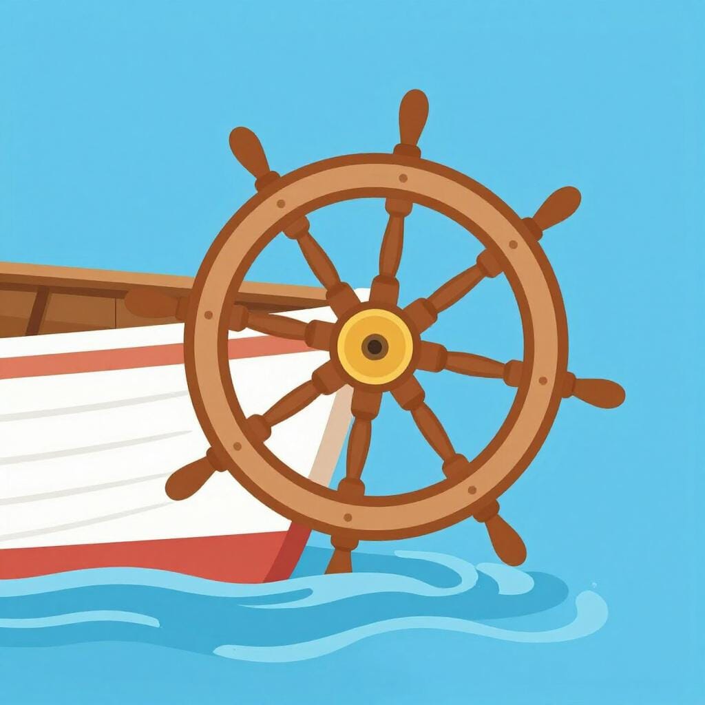 A wooden rudder attached to the back of a small boat, submerged in clear blue water.