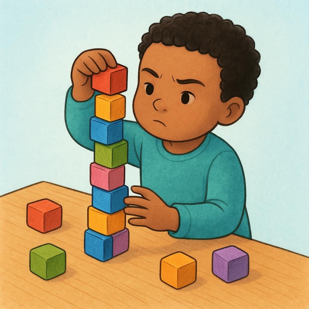 A young child is sitting at a simple wooden table, deeply engrossed and focused on carefully stacking colorful wooden blocks to build a tall, balanced tower.