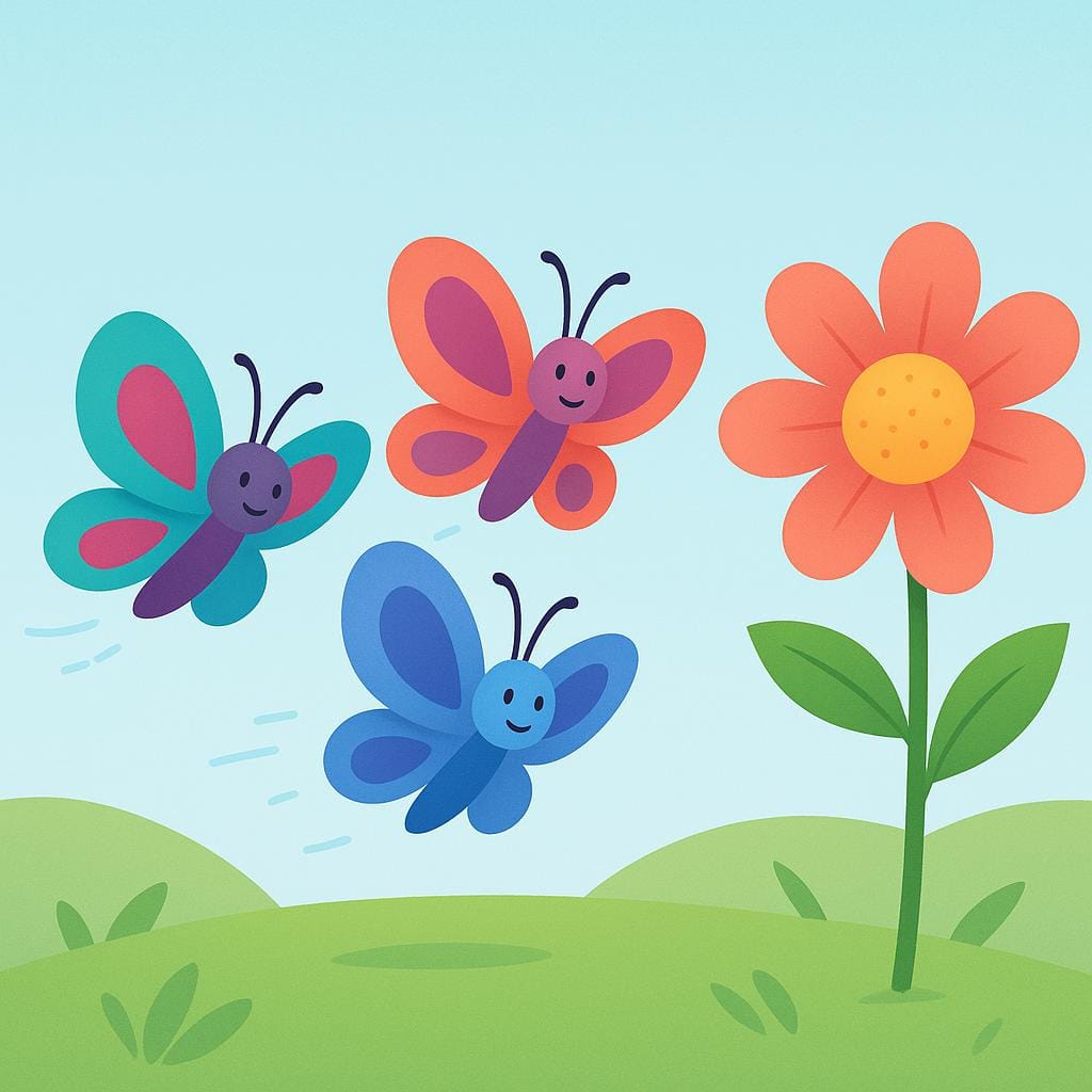 An illustration showing two brightly colored butterflies flying side-by-side, clearly leading a third butterfly in a simple race toward a large, vibrant flower which serves as the finish line.