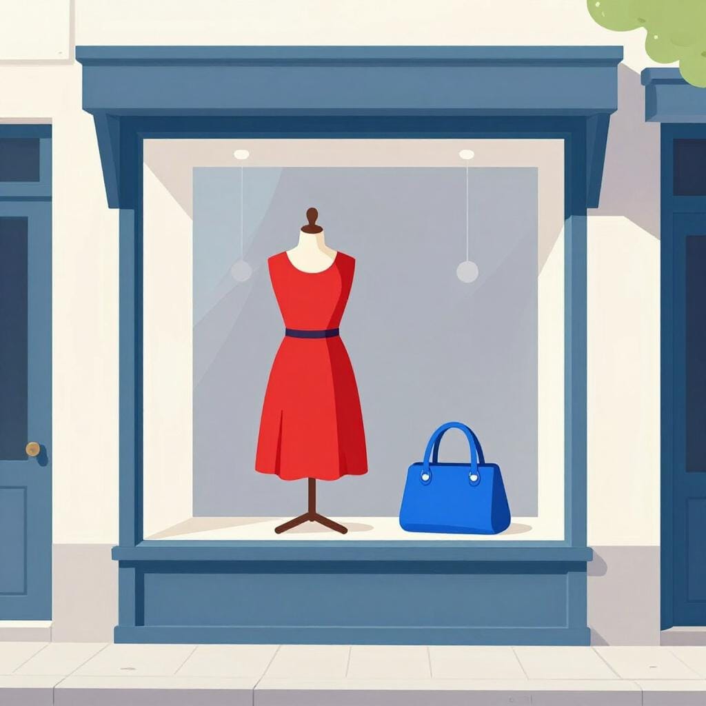 Une vitrine colorée avec une grande fenêtre en verre exposant une robe rouge élégante et un sac à main bleu sur un piédestal.