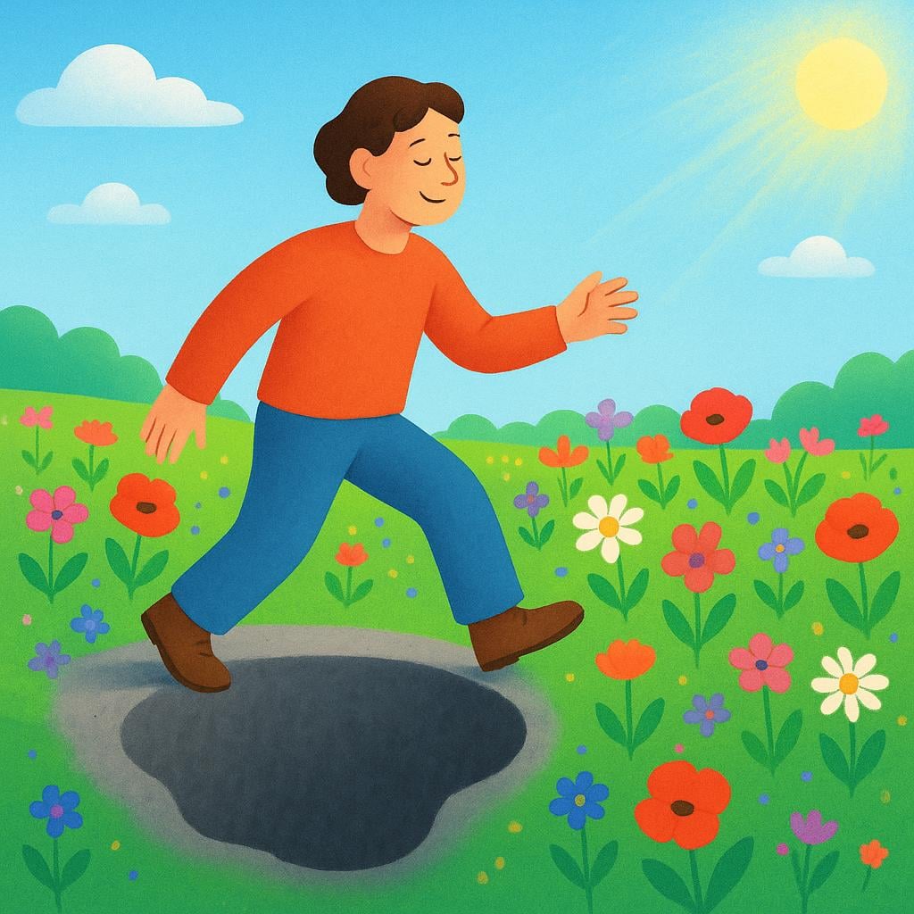 A colorful illustration of a person climbing out of a dark, shadowy hole into a bright, flowery meadow.
