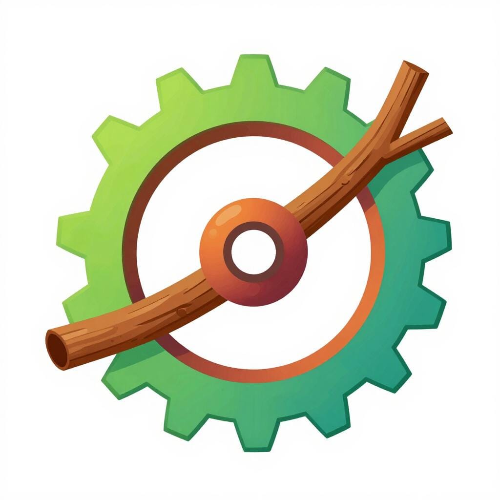 A large gear with a thick wooden stick wedged between its teeth, stopping the machine.