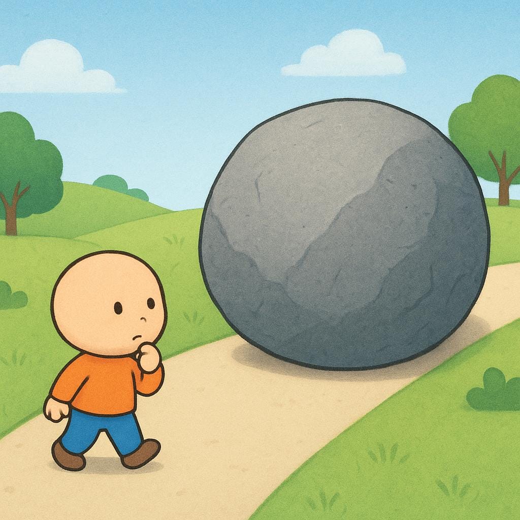 A small, simple character walking along a smooth path, encountering a single, large, immovable gray boulder completely blocking the way forward, illustrating a setback.