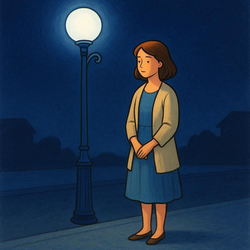Eine stilisierte Illustration einer Frau, die allein unter einer leuchtenden Straßenlaterne an einer einfachen, dunklen Straßenecke bei Nacht steht.