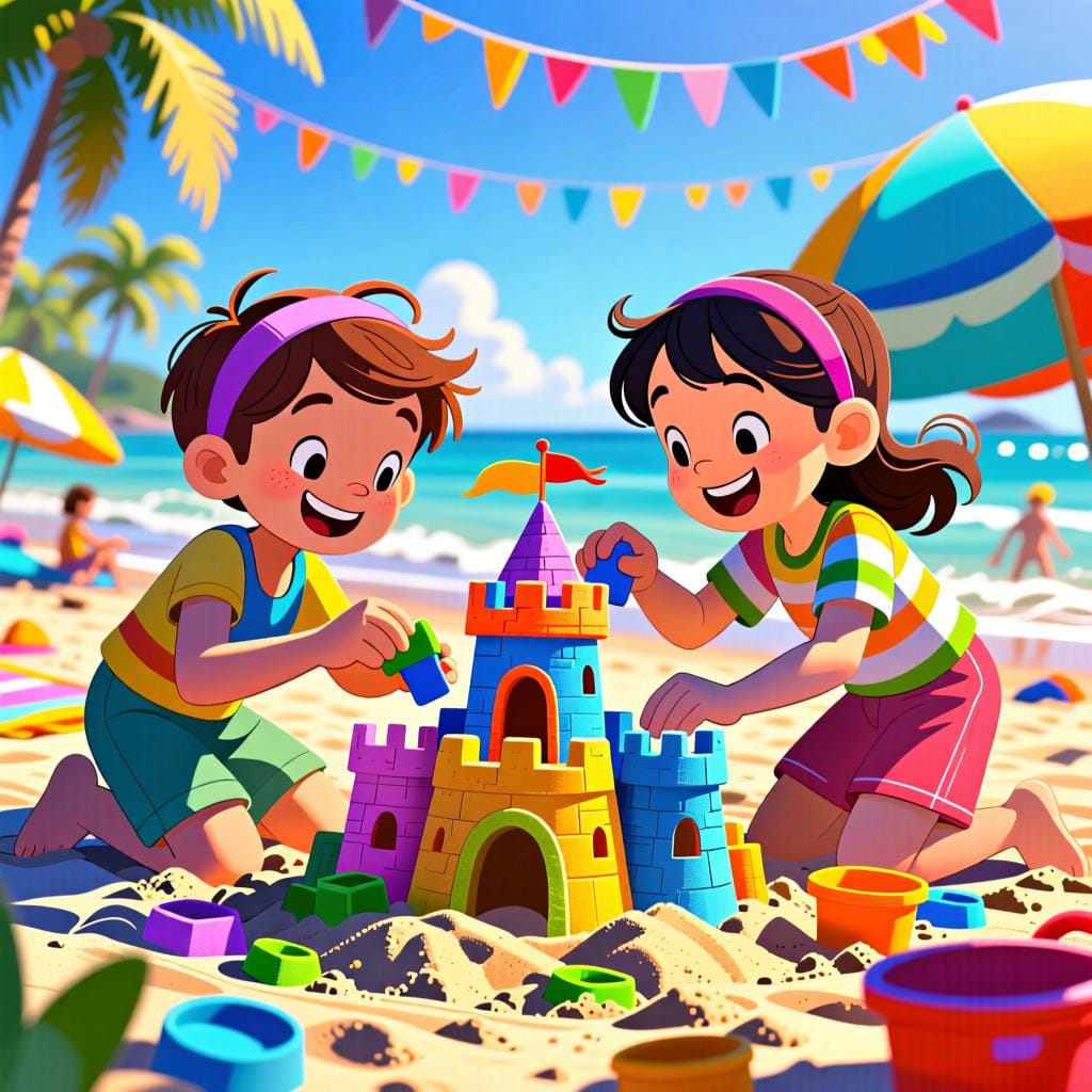 Two cheerful friends building a colorful sandcastle on a sunny beach.