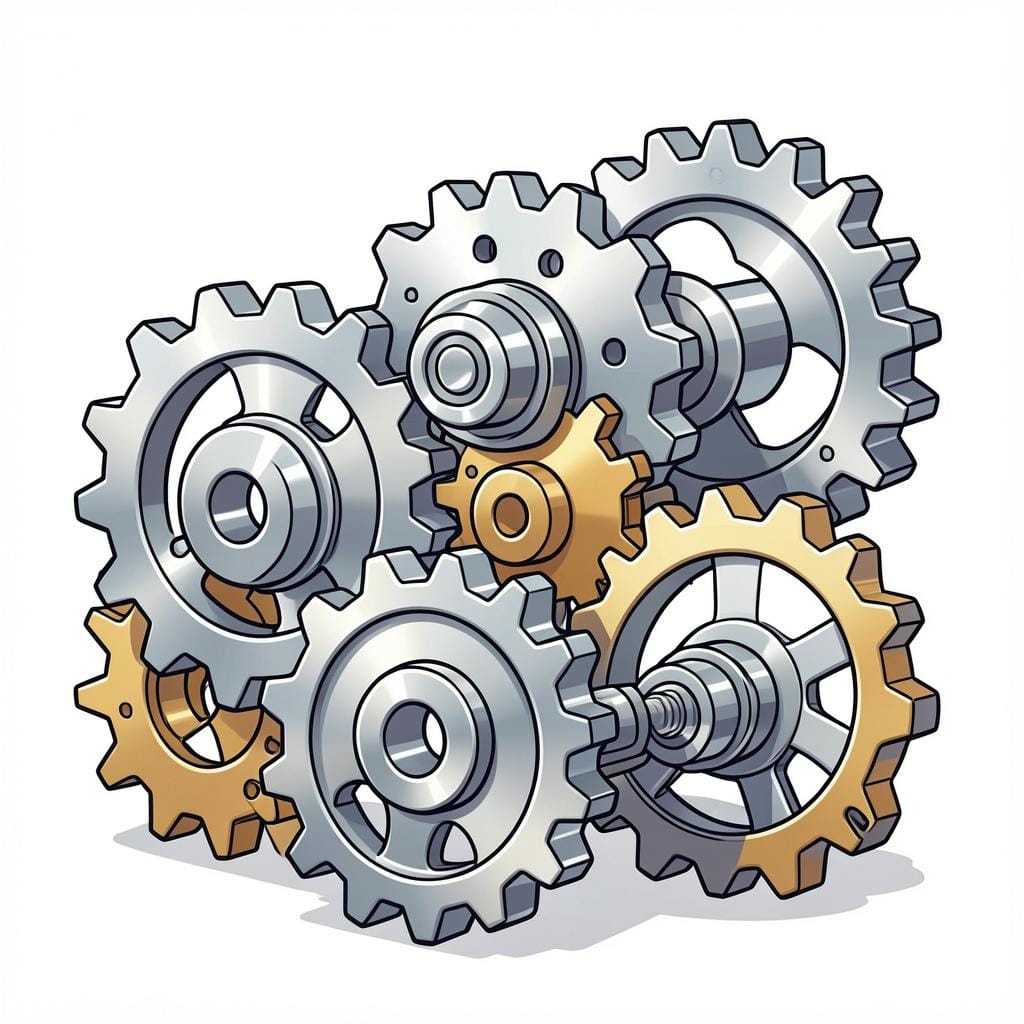 A collection of colorful interlocking gears and cogs working together.