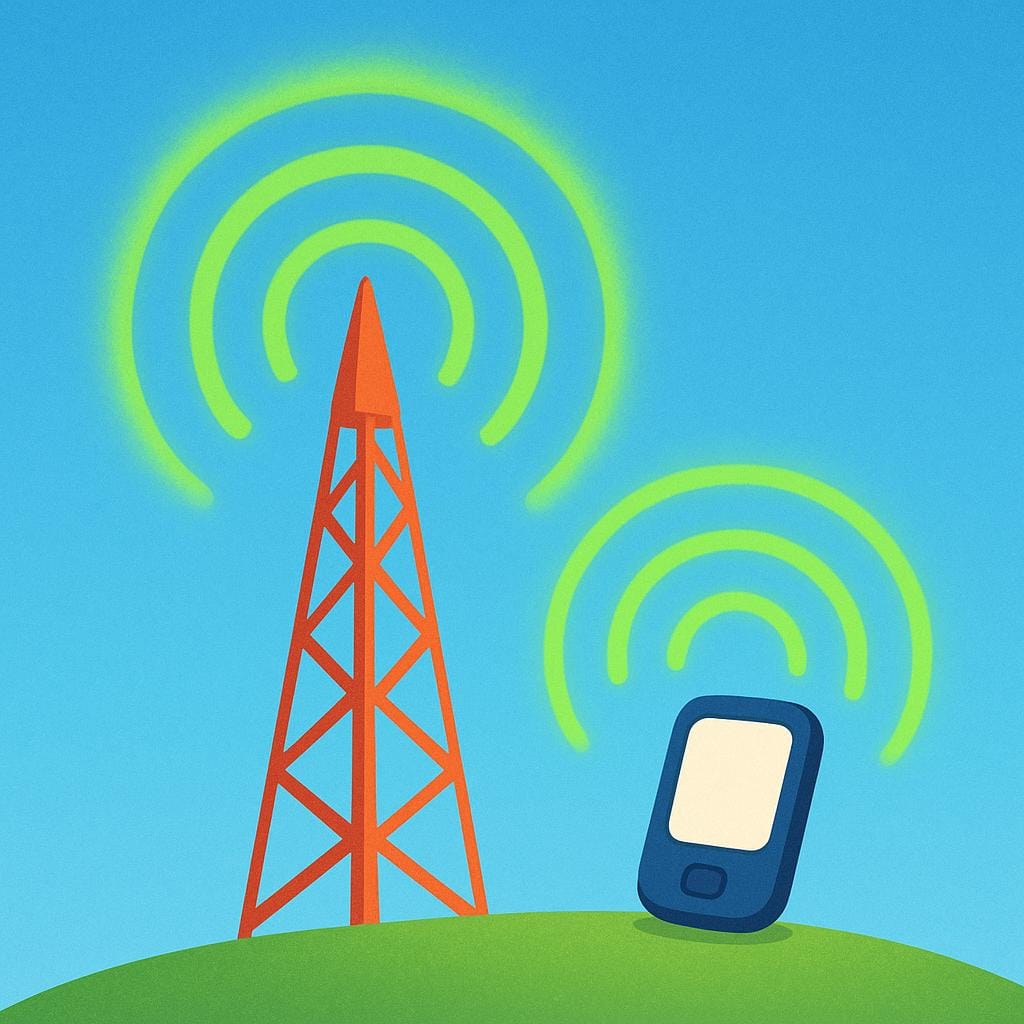 A tall, simple cellular tower emitting bright green signal waves that clearly reach a small, stylized mobile phone in the distance.