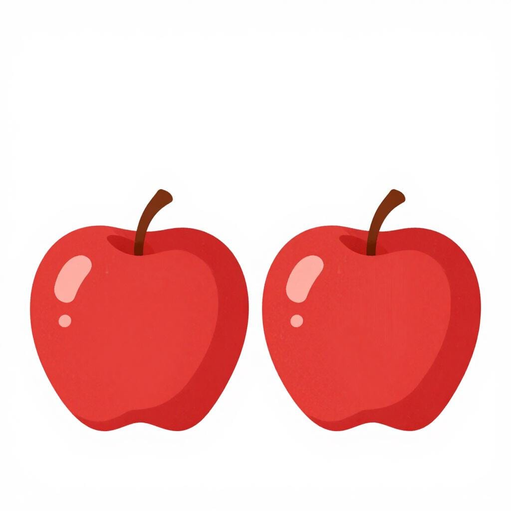 清潔な白い表面に並んで置かれた、同じ大きさの明るい赤いリンゴ2個。